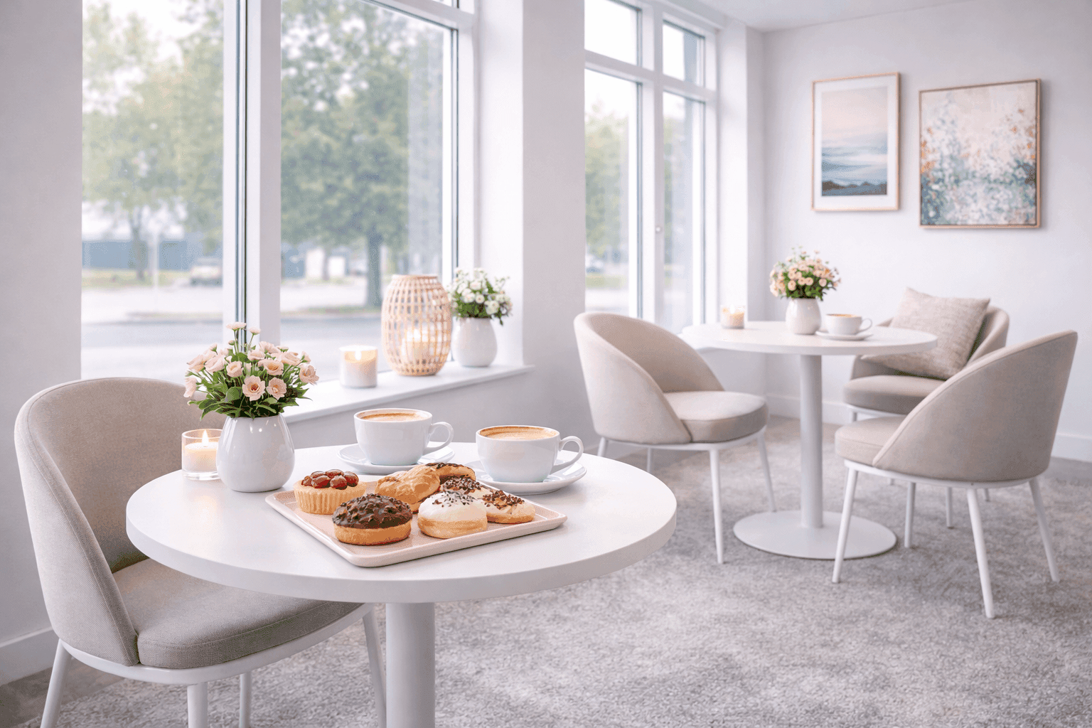 Bright modern cafe with two tables, coffee, and pastries near large windows.
