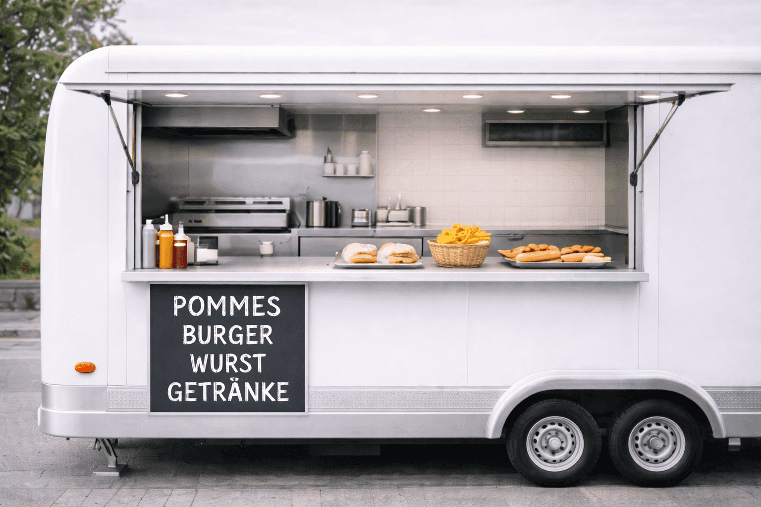 White food truck with an open window displaying food and "POMMES BURGER WURST GETRÄNKE" sign.