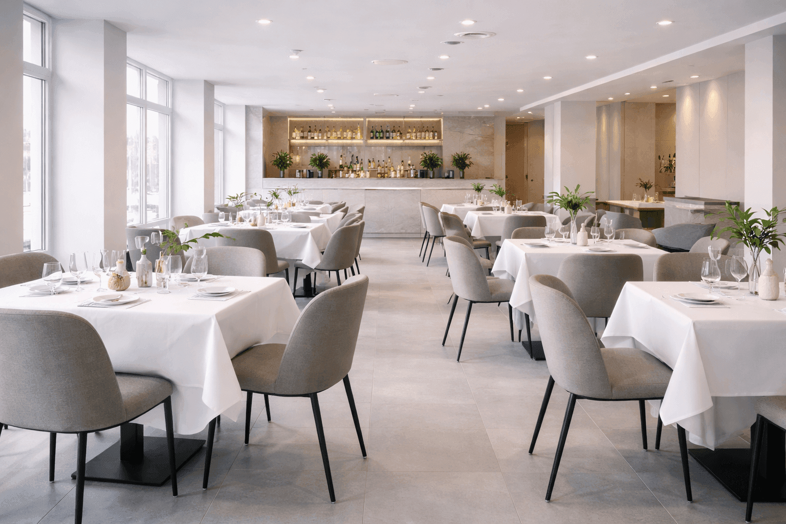 Modern, upscale restaurant interior with elegantly set tables and a bright bar area.