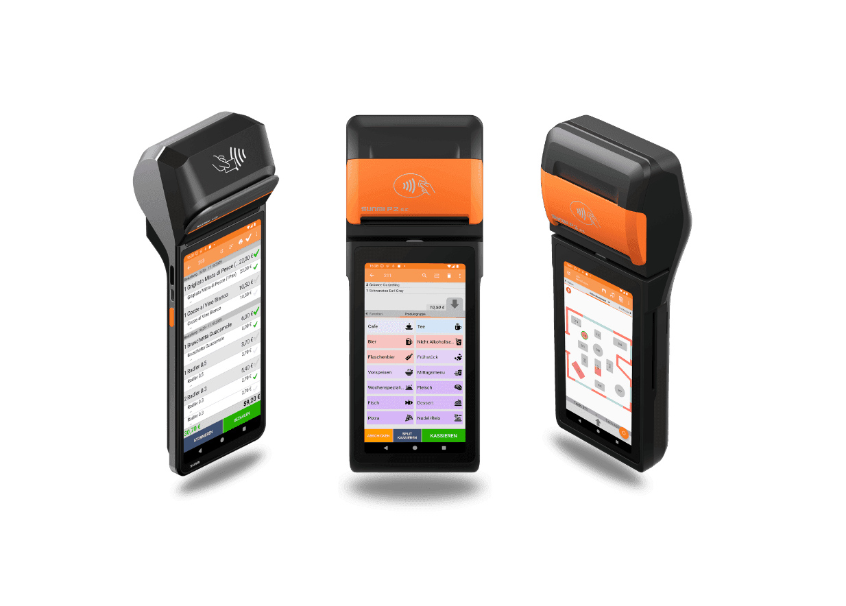 Three views of a black and orange handheld POS terminal with screen interfaces.