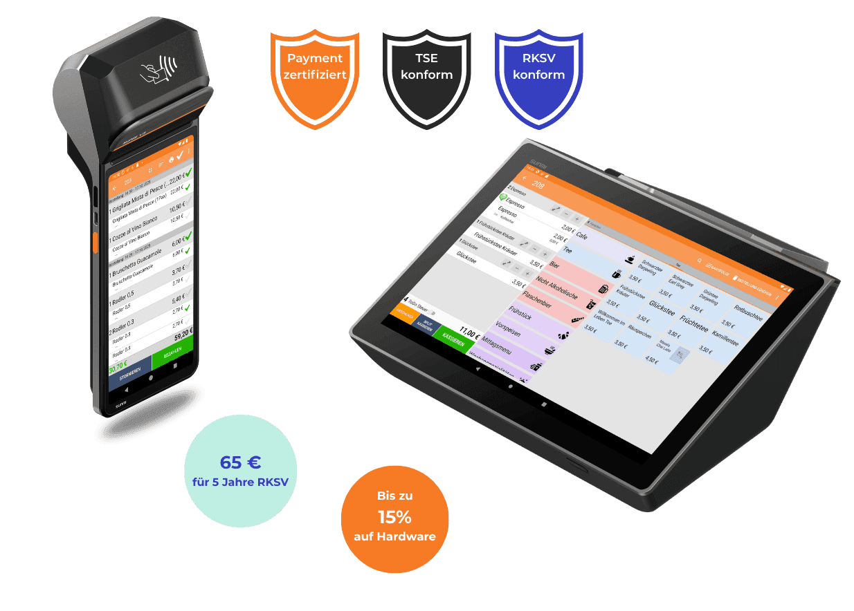 Two modern POS systems: a handheld terminal and a tablet with promotional badges.