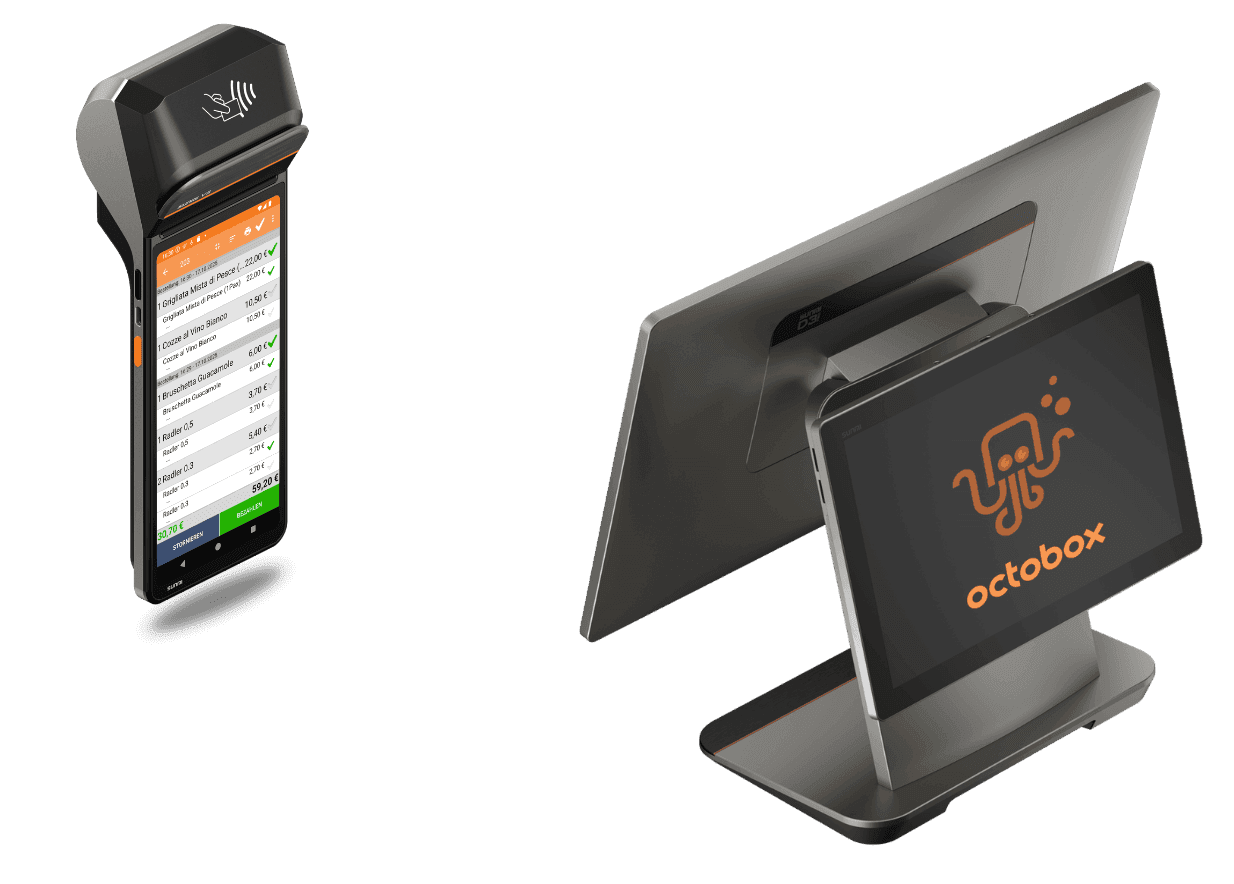 Two modern point-of-sale systems, including a handheld terminal and a dual-screen device.