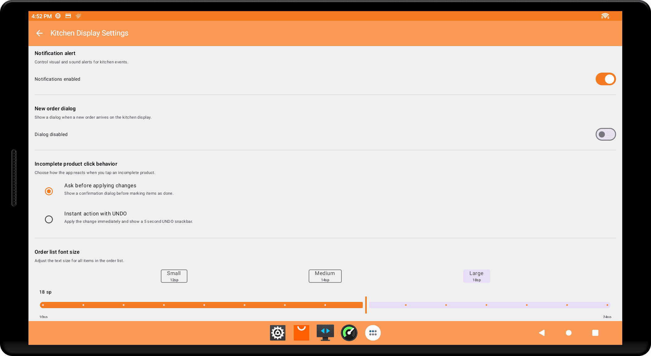 Android tablet displaying 'Kitchen Display Settings' with notification alerts and order options.