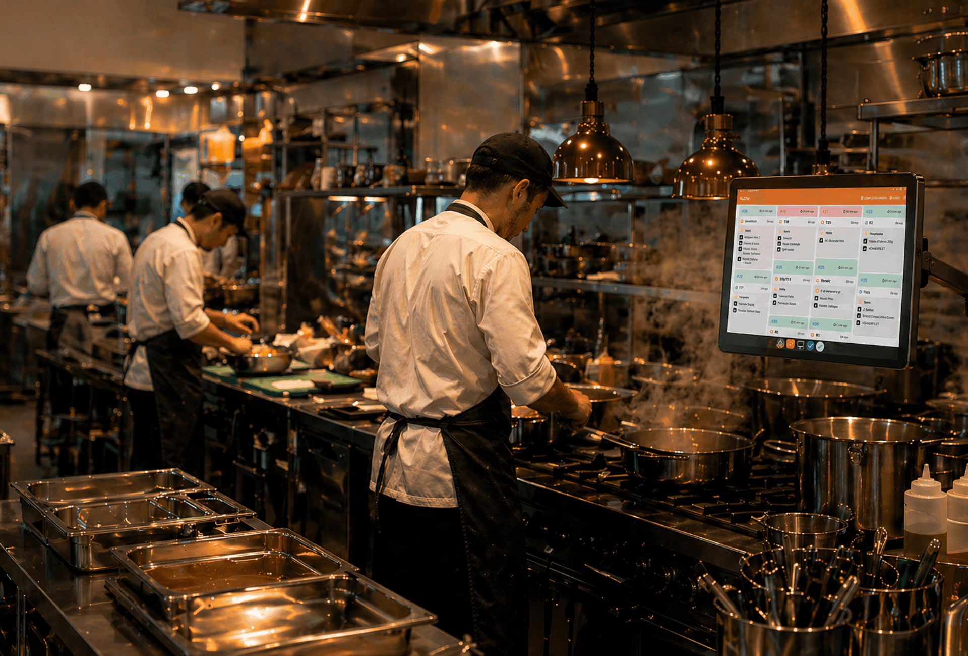Chefs cook in a busy commercial kitchen, monitoring a digital kitchen display system.