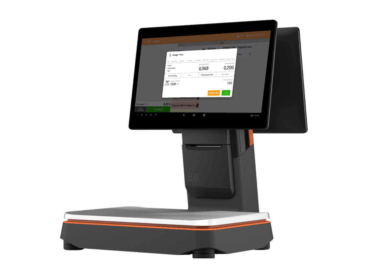 Modern retail point-of-sale system with an integrated digital weighing scale and touchscreen display.