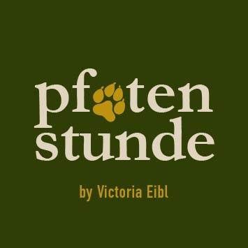 German text 'pfoten stunde' with a paw print in the 'o', and 'by Victoria Eibl'.