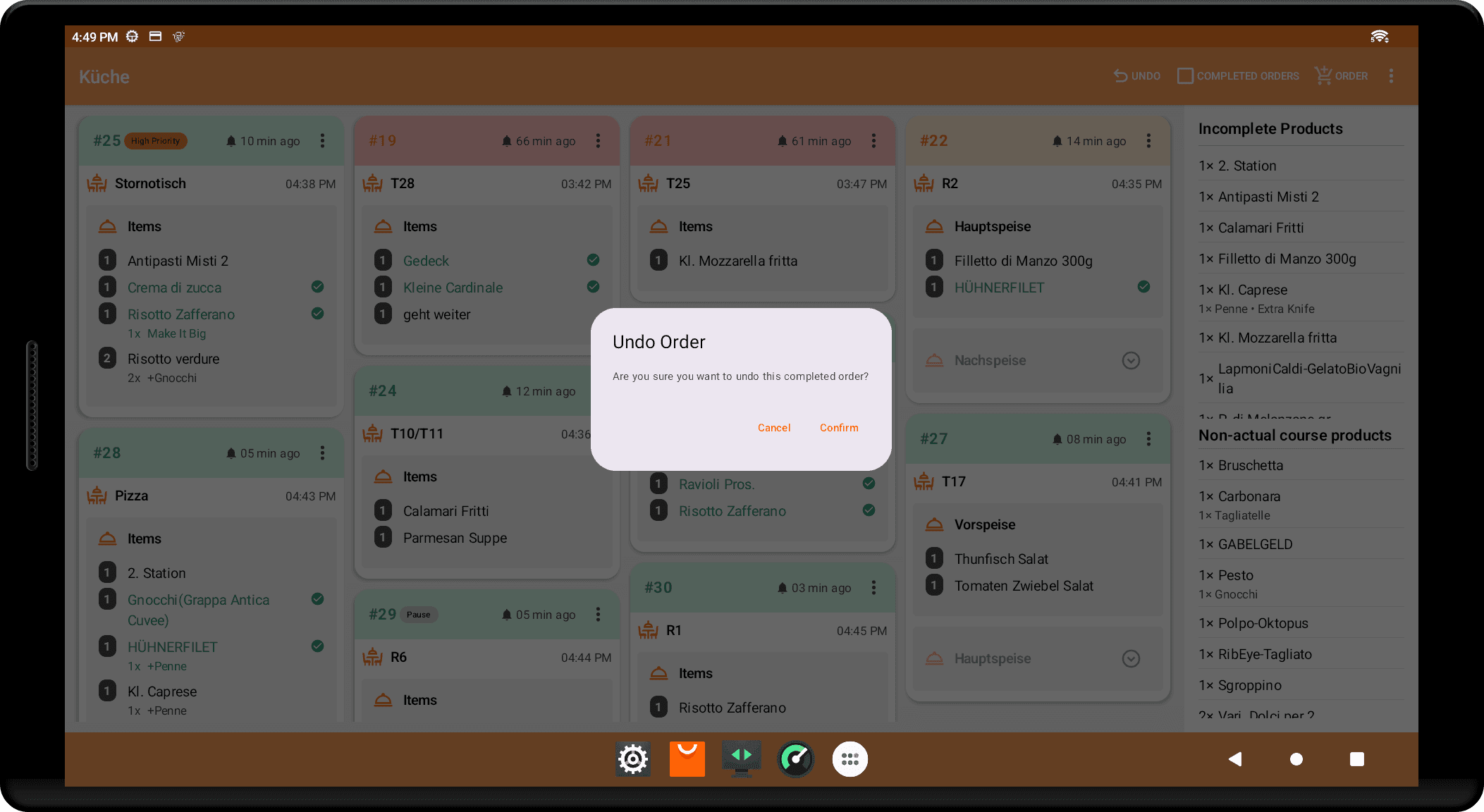 Tablet displaying a kanban board with a 'Delete Order' confirmation popup warning of irreversible action.