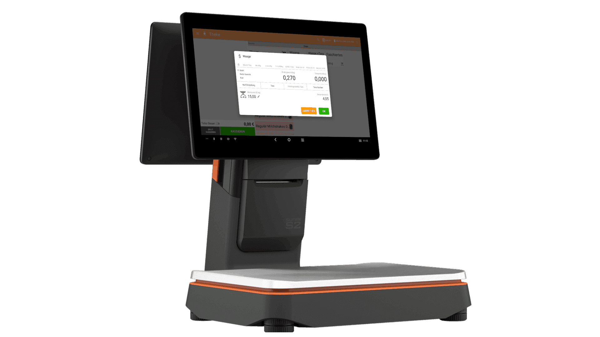 Digital POS system with an integrated scale and a touchscreen display showing a transaction.