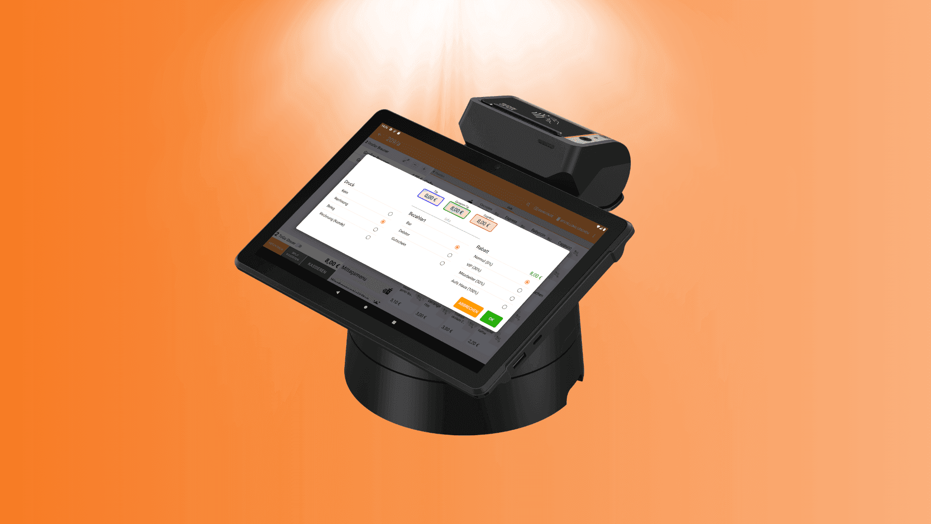 Modern point-of-sale terminal with a tablet screen displaying inventory and an attached scanner.