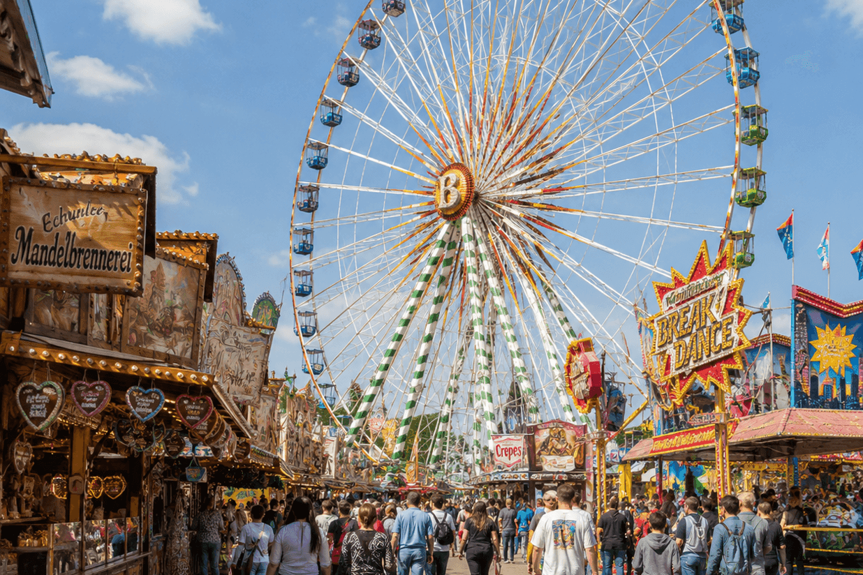 A large Ferris wheel overlooks a bustling fairground filled with people and food stalls.