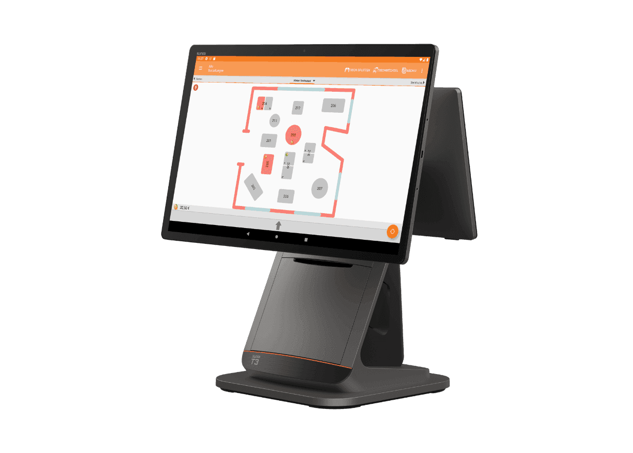 Tablet on stand displays an indoor floor plan with a red navigation path.