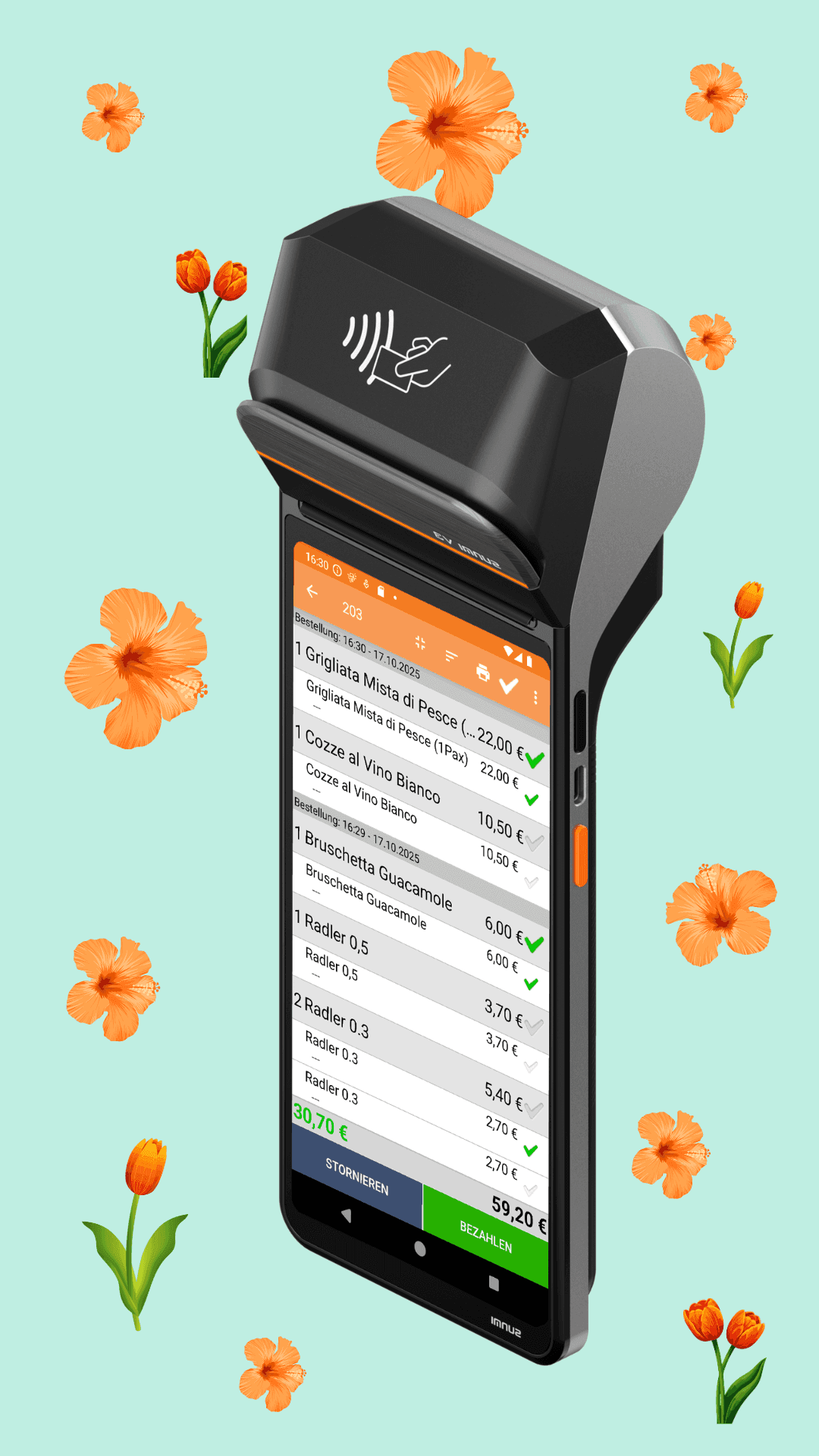 Black point-of-sale device with touchscreen displaying order details and integrated printer, surrounded by flowers.