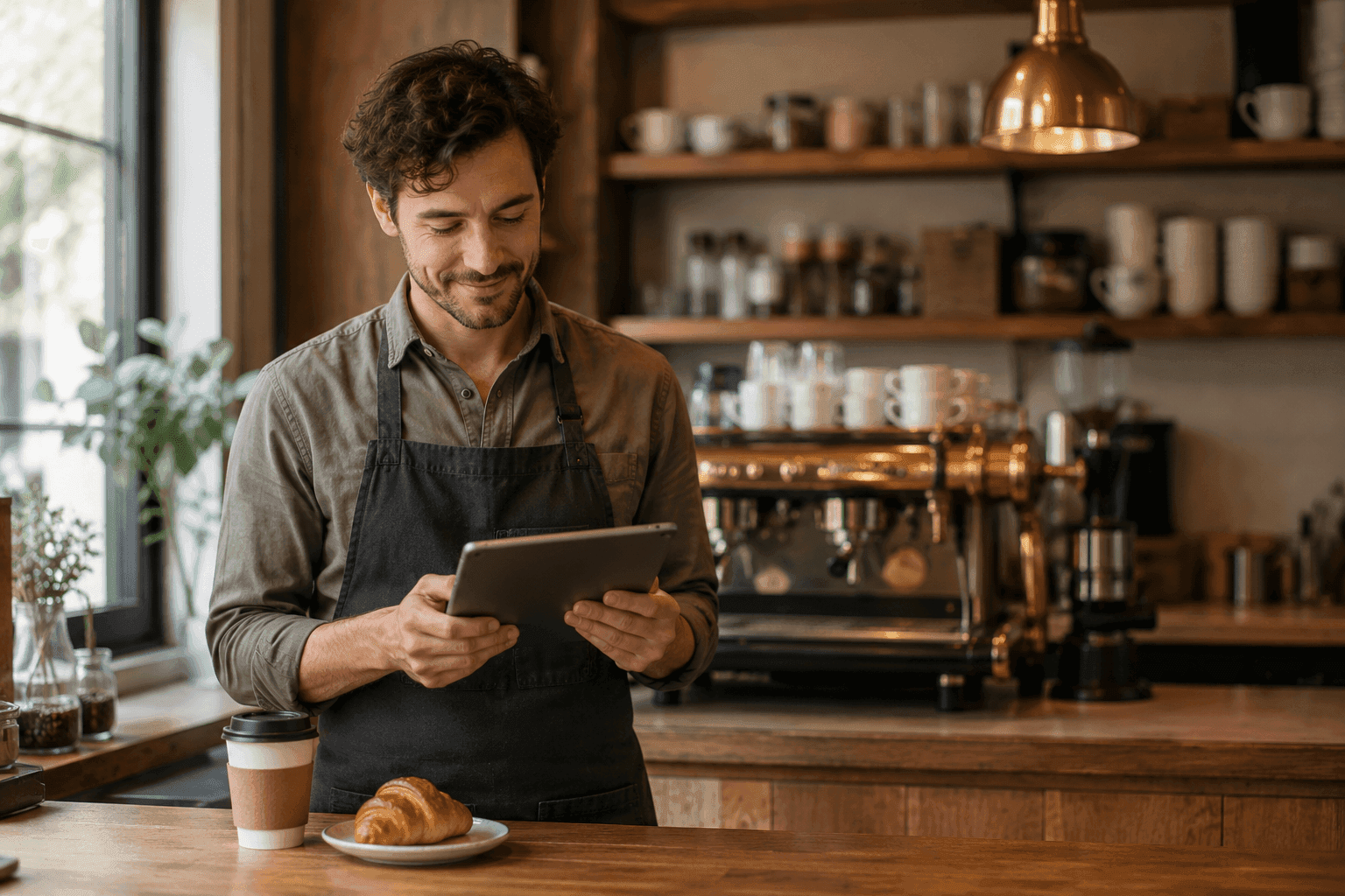 Smiling barista in an apron reviews tablet orders in a cozy coffee shop setting.