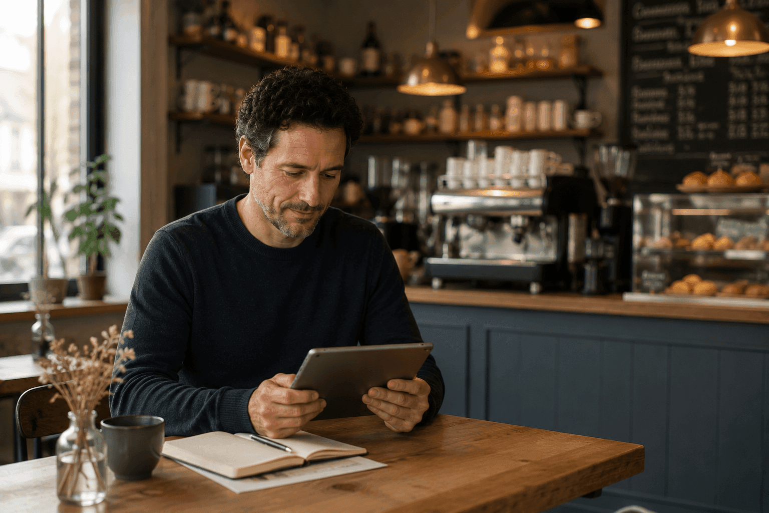 Man working on tablet in a cozy cafe with notebook.