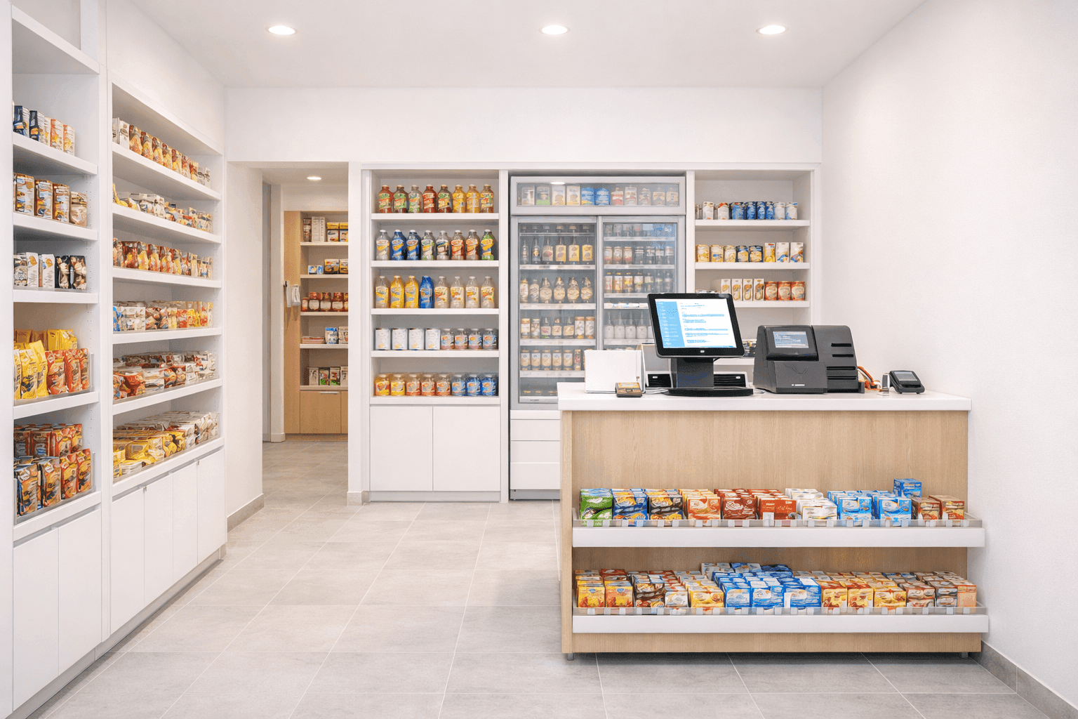 Modern convenience store interior with stocked shelves, refrigerated drinks, and a checkout counter.