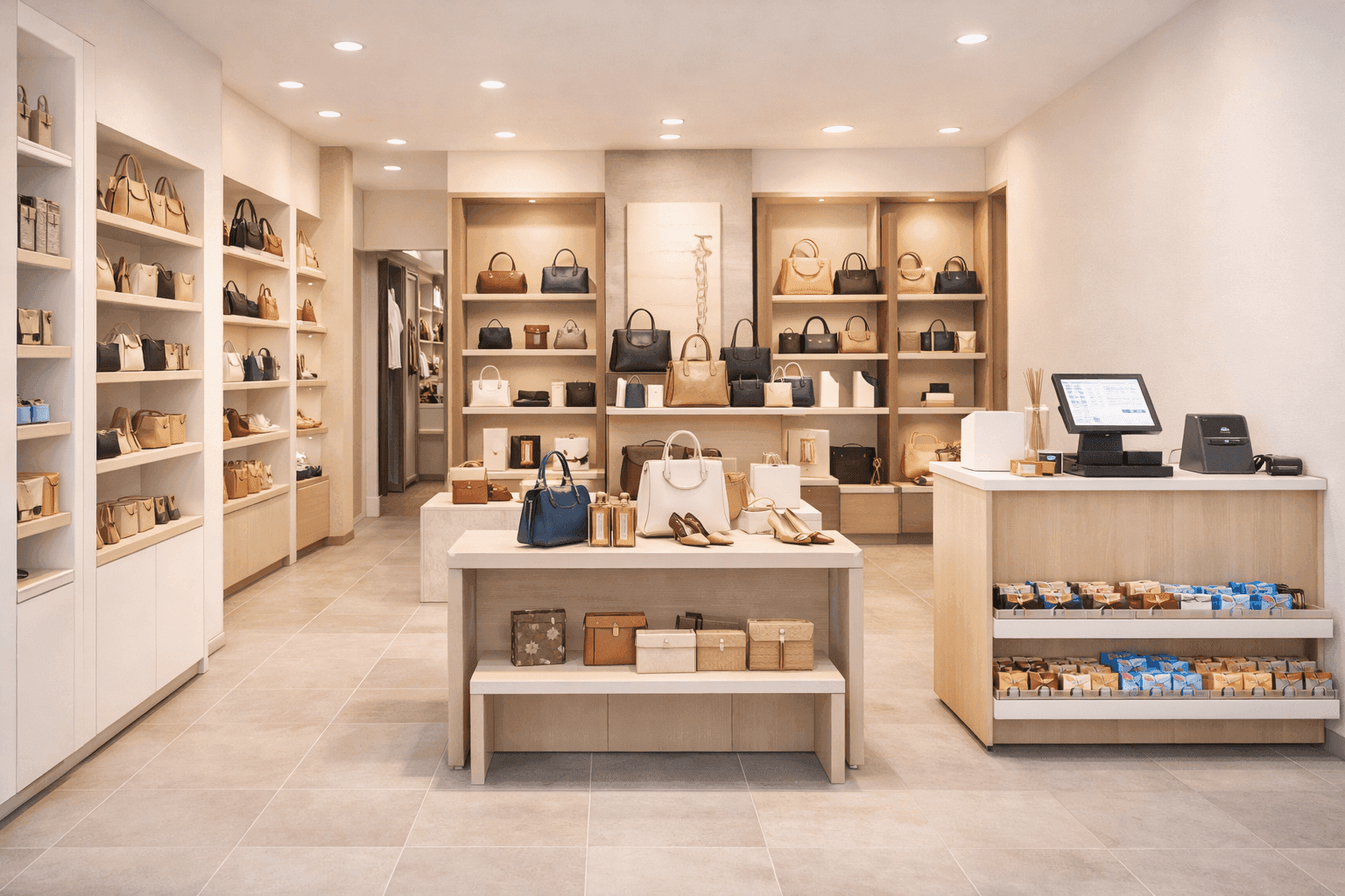 Bright, modern retail store interior featuring shelves stocked with various handbags and accessories.