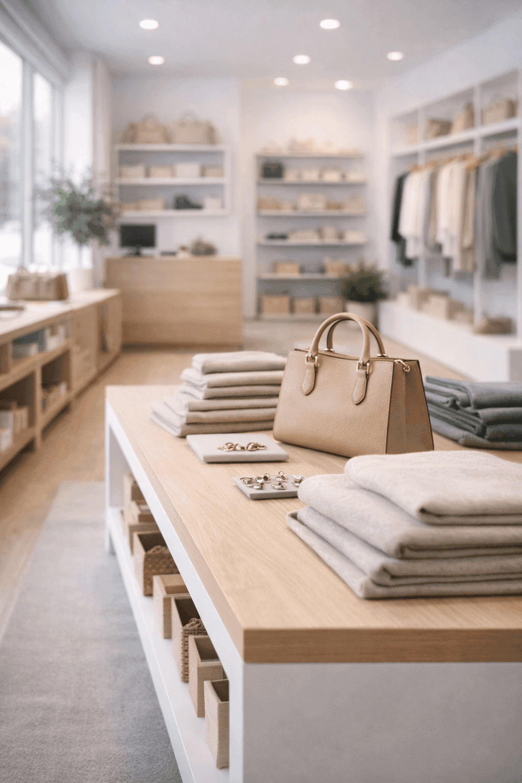 Neatly organized modern retail store interior featuring light-colored clothing and a beige handbag.