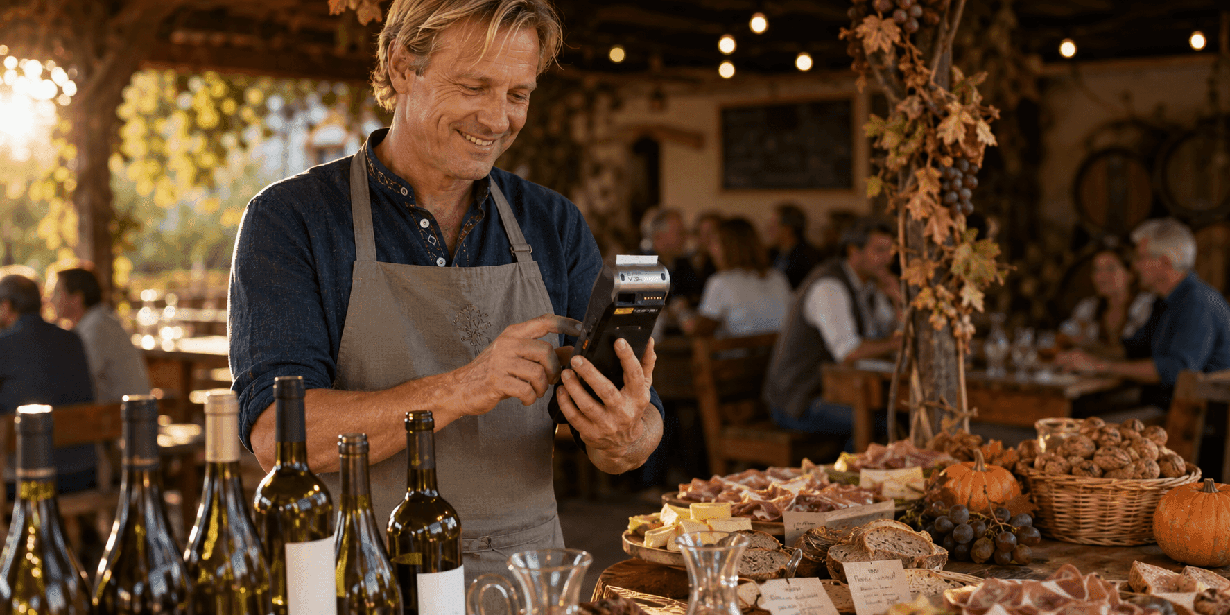 Winzer mit mobilem Handheld-Kassengerät am Heurigen-Buffet mit Weinflaschen und herbstlicher Dekoration