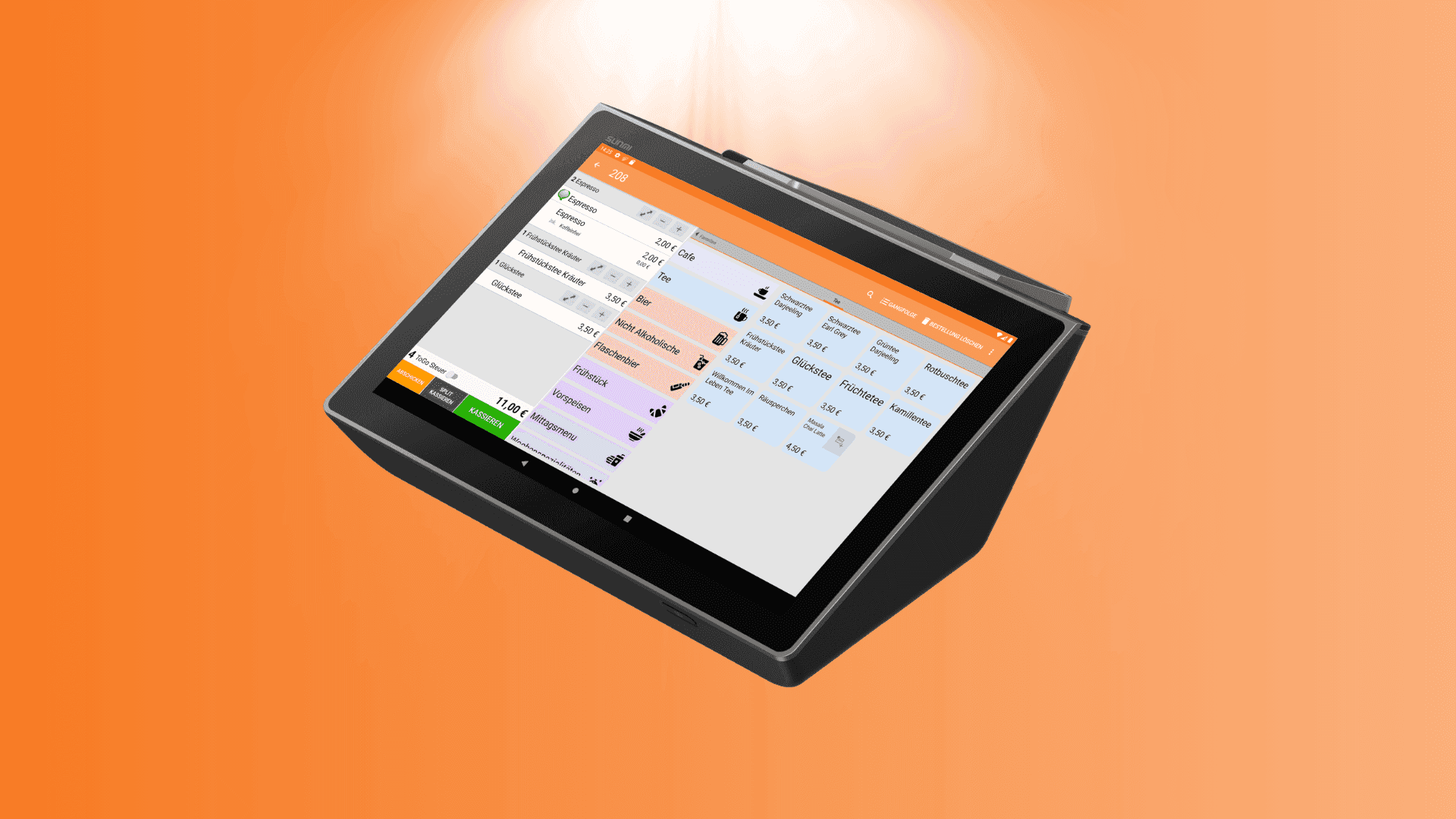 A black tablet device displays a business management interface with lists and interactive icons.