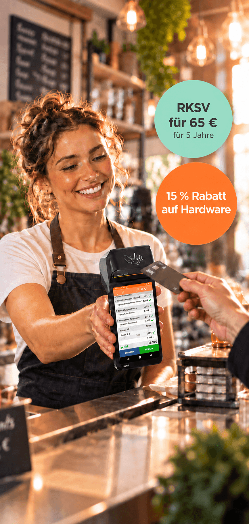 Smiling barista processes a payment with a terminal, offering a discount and exclusive offer.